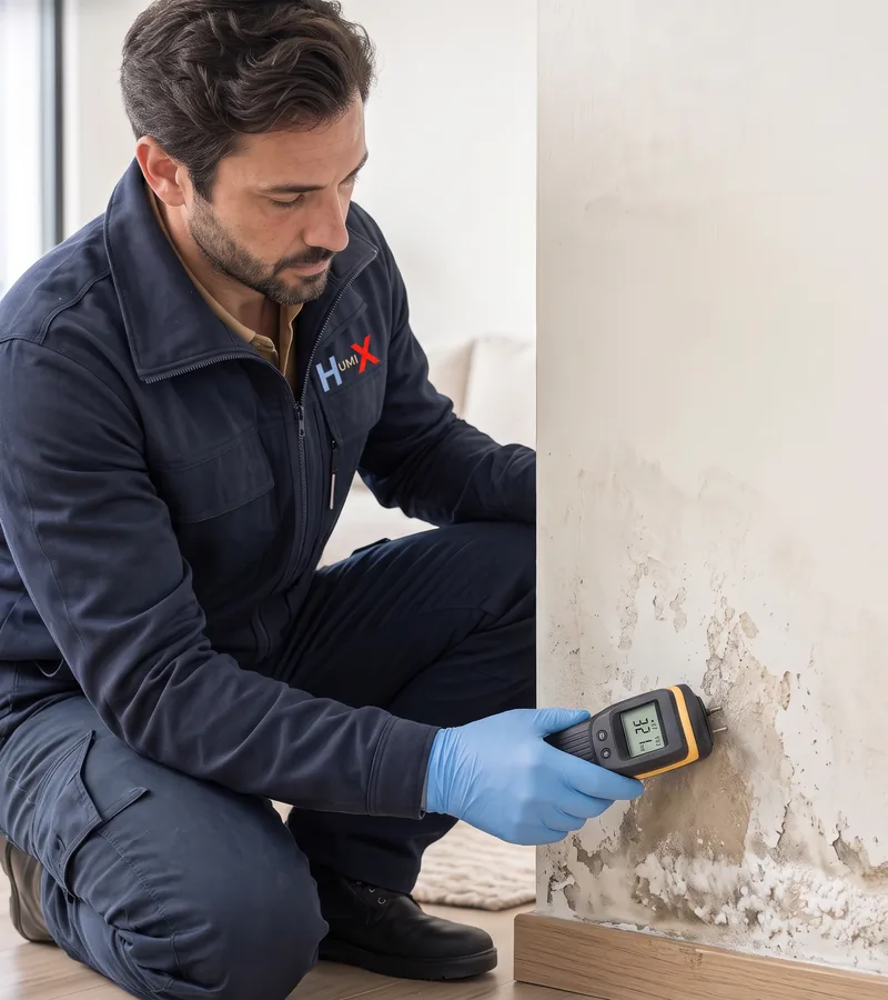 Rising damp and blown plaster at the bottom of a wall in Cardiff